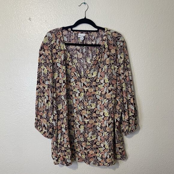 AVA & VIV Top Size 3X Multicolor Floral V Neck 100% Rayon 3/4 Sleeve Blouse - Picture 1 of 8
